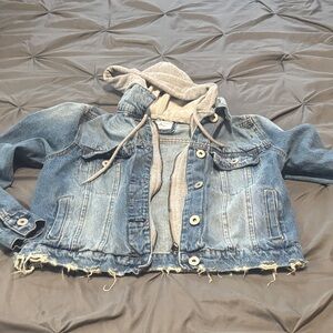 Highway Jeans Blue Denim Crop Jacket with Gray Hoodie